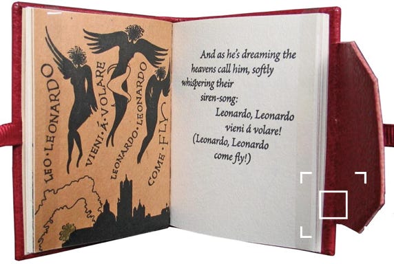 Image of sirens singing above the town encouraging Leonardo to fly.